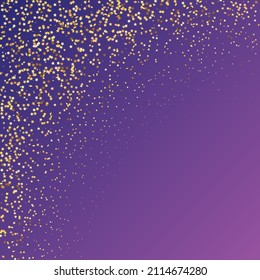 Star Sequin Confetti sobre fondo morado neón. Glitter de oro vectorial. Cayendo partículas en el suelo. Tarjeta de cumpleaños plana aislada. Cartel de las estrellas de oro. Marco de fiesta de Navidad. Plantilla de tarjeta regalo de cupón.
