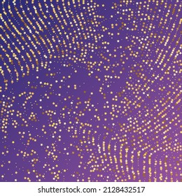 Star Sequin Confetti on Neon Purple Background. Vector Gold Glitter. Falling Particles on Floor. Voucher Gift Card Template. Isolated Flat Birthday Card. Golden Stars Banner. Christmas Party Frame.