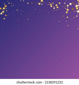 Star Sequin Confetti on Neon Purple Background. Voucher Gift Card Template. Christmas Party Frame. Vector Gold Glitter. Falling Particles on Floor. Isolated Flat Birthday Card. Golden Stars Banner.