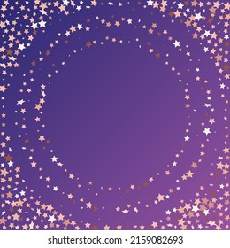 Star Sequin Confetti on Neon Purple Background. Vector Gold Glitter. Falling Particles on Floor. Christmas Party Frame. Isolated Flat Birthday Card. Golden Stars Banner. Voucher Gift Card Template.