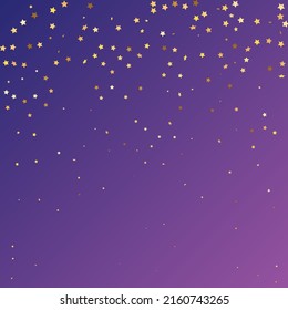 Star Sequin Confetti sobre fondo morado neón. Tarjeta de cumpleaños plana aislada. Cartel de las estrellas de oro. Plantilla de tarjeta regalo de cupón. Marco de fiesta de Navidad. Glitter de oro vectorial. Cayendo partículas en el suelo.