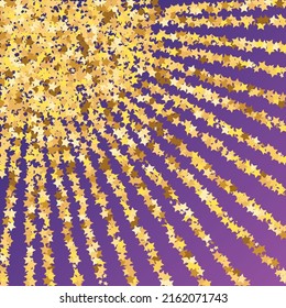 Star Sequin Confetti on Neon Purple Background. Voucher Gift Card Template. Isolated Flat Birthday Card. Golden Stars Banner. Christmas Party Frame. Vector Gold Glitter. Falling Particles on Floor.
