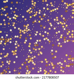 Star Sequin Confetti on Neon Purple Background. Voucher Gift Card Template. Christmas Party Frame. Vector Gold Glitter. Falling Particles on Floor. Isolated Flat Birthday Card. Golden Stars Banner.