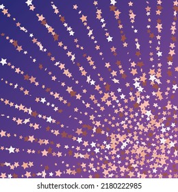 Star Sequin Confetti on Neon Purple Background. Christmas Party Frame. Vector Gold Glitter. Falling Particles on Floor. Voucher Gift Card Template. Isolated Flat Birthday Card. Golden Stars Banner.