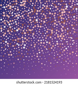 Star Sequin Confetti on Neon Purple Background. Vector Gold Glitter. Falling Particles on Floor. Christmas Party Frame. Isolated Flat Birthday Card. Golden Stars Banner. Voucher Gift Card Template.