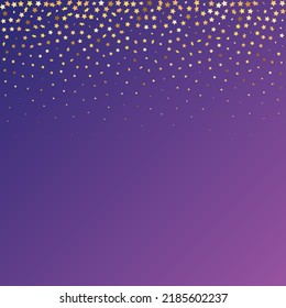 Star Sequin Confetti on Neon Purple Background. Christmas Party Frame. Isolated Flat Birthday Card. Golden Stars Banner. Voucher Gift Card Template. Vector Gold Glitter. Falling Particles on Floor.