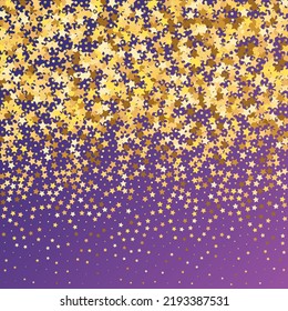 Star Sequin Confetti on Neon Purple Background. Isolated Flat Birthday Card. Golden Stars Banner. Christmas Party Frame. Voucher Gift Card Template. Vector Gold Glitter. Falling Particles on Floor.