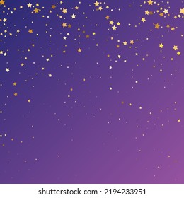 Star Sequin Confetti on Neon Purple Background. Voucher Gift Card Template. Vector Gold Glitter. Falling Particles on Floor. Christmas Party Frame. Isolated Flat Birthday Card. Golden Stars Banner.