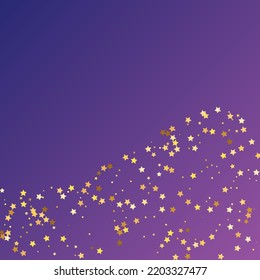 Star Sequin Confetti on Neon Purple Background. Christmas Party Frame. Vector Gold Glitter. Falling Particles on Floor. Isolated Flat Birthday Card. Golden Stars Banner. Voucher Gift Card Template.