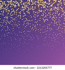 Star Sequin Confetti on Neon Purple Background. Voucher Gift Card Template. Isolated Flat Birthday Card. Golden Stars Banner. Vector Gold Glitter. Falling Particles on Floor. Christmas Party Frame.