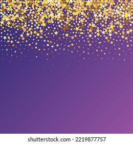 Star Sequin Confetti sobre fondo morado neón. Marco de fiesta de Navidad. Plantilla de tarjeta regalo de cupón. Tarjeta de cumpleaños plana aislada. Cartel de las estrellas de oro. Glitter de oro vectorial. Cayendo partículas en el suelo.