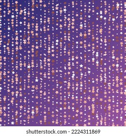 Star Sequin Confetti sobre fondo morado neón. Tarjeta de cumpleaños plana aislada. Cartel de las estrellas de oro. Glitter de oro vectorial. Cayendo partículas en el suelo. Marco de fiesta de Navidad. Plantilla de tarjeta regalo de cupón.