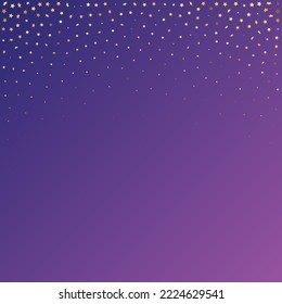 Star Sequin Confetti sobre fondo morado neón. Plantilla de tarjeta regalo de cupón. Glitter de oro vectorial. Cayendo partículas en el suelo. Tarjeta de cumpleaños plana aislada. Cartel de las estrellas de oro. Marco de fiesta de Navidad.