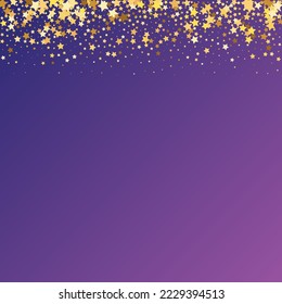 Star Sequin Confetti on Neon Purple Background. Christmas Party Frame. Vector Gold Glitter. Falling Particles on Floor. Voucher Gift Card Template. Isolated Flat Birthday Card. Golden Stars Banner.