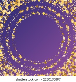 Star Sequin Confetti on Neon Purple Background. Vector Gold Glitter. Falling Particles on Floor. Voucher Gift Card Template. Isolated Flat Birthday Card. Golden Stars Banner. Christmas Party Frame.