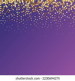 Star Sequin Confetti on Neon Purple Background. Christmas Party Frame. Isolated Flat Birthday Card. Golden Stars Banner. Voucher Gift Card Template. Vector Gold Glitter. Falling Particles on Floor.