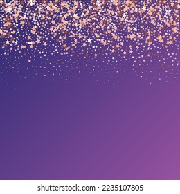 Star Sequin Confetti on Neon Purple Background. Voucher Gift Card Template. Vector Gold Glitter. Falling Particles on Floor. Christmas Party Frame. Isolated Flat Birthday Card. Golden Stars Banner.