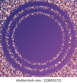 Star Sequin Confetti on Neon Purple Background. Voucher Gift Card Template. Isolated Flat Birthday Card. Golden Stars Banner. Vector Gold Glitter. Falling Particles on Floor. Christmas Party Frame.