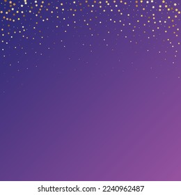 Star Sequin Confetti auf neonviolettem Hintergrund. Weihnachtsfeierrahmen. Einzeln-Flach-Geburtstagskarte. Banner der goldenen Sterne. Vector Gold Glitter. Fallende Partikel auf dem Boden. Gutscheinkarten-Vorlage.