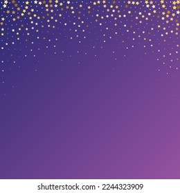 Star Sequin Confetti on Neon Purple Background. Vector Gold Glitter. Falling Particles on Floor. Isolated Flat Birthday Card. Golden Stars Banner. Voucher Gift Card Template. Christmas Party Frame.