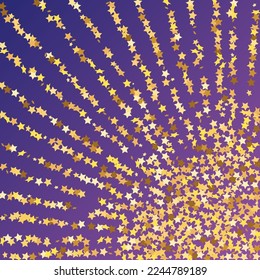 Star Sequin Confetti on Neon Purple Background. Voucher Gift Card Template. Isolated Flat Birthday Card. Golden Stars Banner. Vector Gold Glitter. Falling Particles on Floor. Christmas Party Frame.