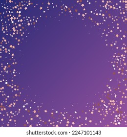 Star Sequin Confetti on Neon Purple Background. Vector Gold Glitter. Falling Particles on Floor. Isolated Flat Birthday Card. Golden Stars Banner. Christmas Party Frame. Voucher Gift Card Template.
