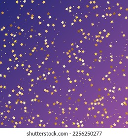 Star Sequin Confetti on Neon Purple Background. Christmas Party Frame. Vector Gold Glitter. Falling Particles on Floor. Isolated Flat Birthday Card. Golden Stars Banner. Voucher Gift Card Template.