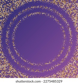 Star Sequin Confetti sobre fondo morado neón. Glitter de oro vectorial. Cayendo partículas en el suelo. Tarjeta de cumpleaños plana aislada. Cartel de las estrellas de oro. Plantilla de tarjeta regalo de cupón. Marco de fiesta de Navidad.