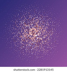 Star Sequin Confetti sobre fondo morado neón. Tarjeta de cumpleaños plana aislada. Cartel de las estrellas de oro. Marco de fiesta de Navidad. Glitter de oro vectorial. Cayendo partículas en el suelo. Plantilla de tarjeta regalo de cupón.