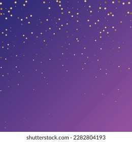 Star Sequin Confetti on Neon Purple Background. Vector Gold Glitter. Falling Particles on Floor. Isolated Flat Birthday Card. Golden Stars Banner. Christmas Party Frame. Voucher Gift Card Template.