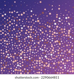 Star Sequin Confetti on Neon Purple Background. Christmas Party Frame. Vector Gold Glitter. Falling Particles on Floor. Isolated Flat Birthday Card. Golden Stars Banner. Voucher Gift Card Template.