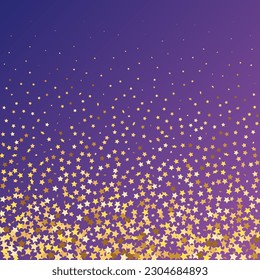 Star Sequin Confetti on Neon Purple Background. Isolated Flat Birthday Card. Golden Stars Banner. Voucher Gift Card Template. Christmas Party Frame. Vector Gold Glitter. Falling Particles on Floor.