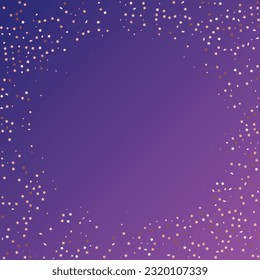 Star Sequin Confetti auf neonviolettem Hintergrund. Vector Gold Glitter. Fallende Partikel auf dem Boden. Gutscheinkarten-Vorlage. Einzeln-Flach-Geburtstagskarte. Banner der goldenen Sterne. Weihnachtsfeierrahmen.