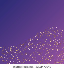 Star Sequin Confetti on Neon Purple Background. Christmas Party Frame. Vector Gold Glitter. Falling Particles on Floor. Isolated Flat Birthday Card. Golden Stars Banner. Voucher Gift Card Template.