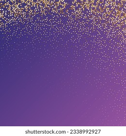 Star Sequin Confetti on Neon Purple Background. Isolated Flat Birthday Card. Golden Stars Banner. Christmas Party Frame. Voucher Gift Card Template. Vector Gold Glitter. Falling Particles on Floor.