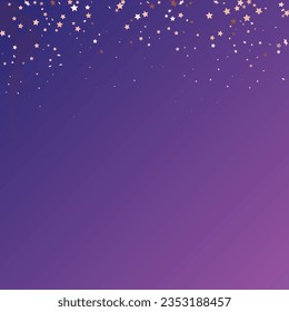 Star Sequin Confetti on Neon Purple Background. Vector Gold Glitter. Falling Particles on Floor. Voucher Gift Card Template. Isolated Flat Birthday Card. Golden Stars Banner. Christmas Party Frame.