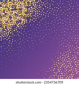 Star Sequin Confetti on Neon Purple Background. Christmas Party Frame. Vector Gold Glitter. Falling Particles on Floor. Voucher Gift Card Template. Isolated Flat Birthday Card. Golden Stars Banner.