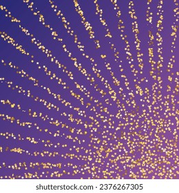 Star Sequin Confetti on Neon Purple Background. Voucher Gift Card Template. Isolated Flat Birthday Card. Golden Stars Banner. Vector Gold Glitter. Falling Particles on Floor. Christmas Party Frame.