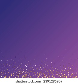 Star Sequin Confetti on Neon Purple Background. Vector Gold Glitter. Falling Particles on Floor. Isolated Flat Birthday Card. Golden Stars Banner. Voucher Gift Card Template. Christmas Party Frame.