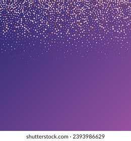Star Sequin Confetti auf neonviolettem Hintergrund. Gutscheinkarten-Vorlage. Einzeln-Flach-Geburtstagskarte. Banner der goldenen Sterne. Vector Gold Glitter. Fallende Partikel auf dem Boden. Weihnachtsfeierrahmen.