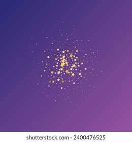 Star Sequin Confetti on Neon Purple Background. Vector Gold Glitter. Falling Particles on Floor. Voucher Gift Card Template. Christmas Party Frame. Isolated Flat Birthday Card. Golden Stars Banner.
