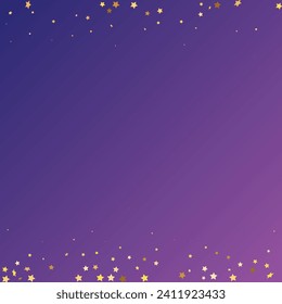 Star Sequin Confetti on Neon Purple Background. Voucher Gift Card Template. Isolated Flat Birthday Card. Golden Stars Banner. Vector Gold Glitter. Falling Particles on Floor. Christmas Party Frame.