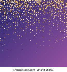 Star Sequin Confetti on Neon Purple Background. Christmas Party Frame. Isolated Flat Birthday Card. Golden Stars Banner. Vector Gold Glitter. Falling Particles on Floor. Voucher Gift Card Template.