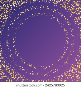 Star Sequin Confetti on Neon Purple Background. Vector Gold Glitter. Falling Particles on Floor. Isolated Flat Birthday Card. Golden Stars Banner. Voucher Gift Card Template. Christmas Party Frame.