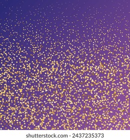 Confeti de lentejuelas estelares sobre fondo púrpura neón. Marco de fiesta de Navidad. Vector de brillo dorado. Caída de partículas en el suelo. Tarjeta de cumpleaños plana aislada. Banner de Estrellas Doradas. Plantilla de tarjeta de regalo.
