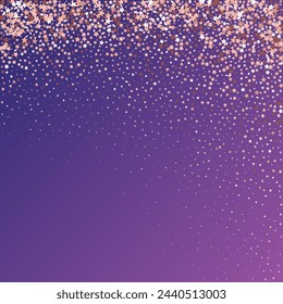 Star Sequin Confetti on Neon Purple Background. Isolated Flat Birthday Card. Golden Stars Banner. Christmas Party Frame. Vector Gold Glitter. Falling Particles on Floor. Voucher Gift Card Template.