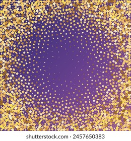 Star Sequin Confetti on Neon Purple Background. Isolated Flat Birthday Card. Golden Stars Banner. Christmas Party Frame. Voucher Gift Card Template. Vector Gold Glitter. Falling Particles on Floor.