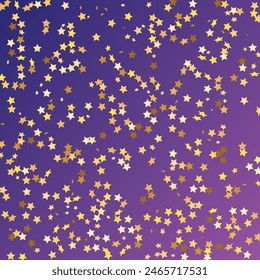 Star Sequin Confetti on Neon Purple Background. Christmas Party Frame. Voucher Gift Card Template. Vector Gold Glitter. Falling Particles on Floor. Isolated Flat Birthday Card. Golden Stars Banner.