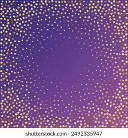 Star Sequin Confetti on Neon Purple Background. Vector Gold Glitter. Falling Particles on Floor. Voucher Gift Card Template. Isolated Flat Birthday Card. Golden Stars Banner. Christmas Party Frame.