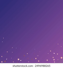 Confeti de lentejuelas de estrellas sobre fondo púrpura neón. Plantilla de Tarjeta de regalo de cupón. Tarjeta de cumpleaños plana aislada. Estrellas de Oro Anuncio. Brillo de oro de Vector. Caída de partículas en el suelo. Marco de fiesta de Navidad.